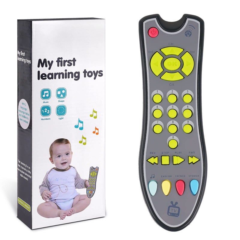 DUDU TV Remote Control Toy/Musical Play with Light and Sound/for 6 Months+ Toddlers Boys or Girls Preschool Education/Three Language Modes: English, French and Spanish/Black Body,Colored Buttons